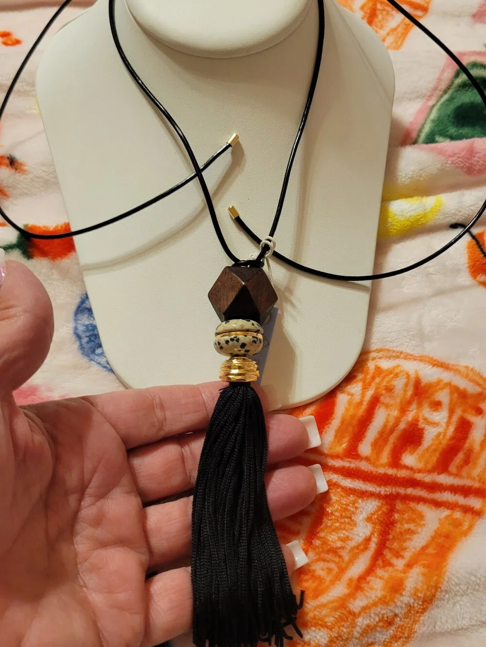Attwrri Black Leather Cord Necklace with Semi Precious Stones